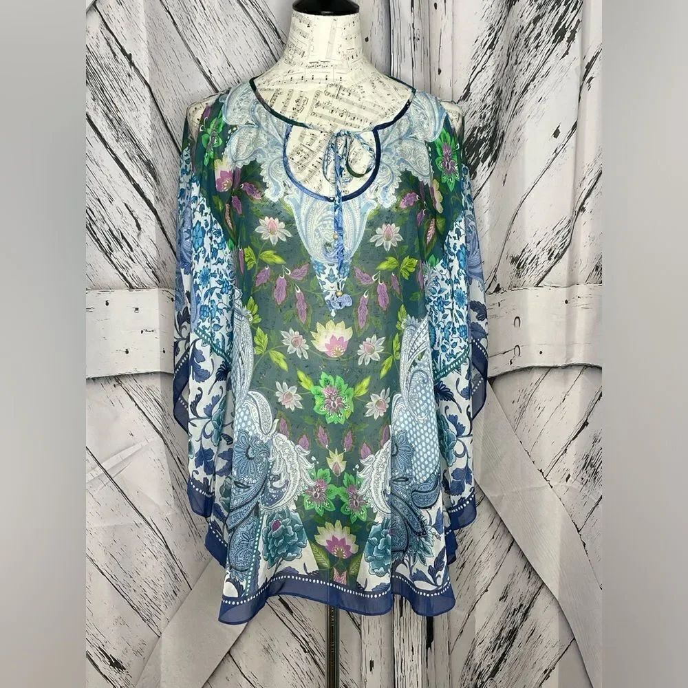 Hale Bob silk poncho blouse floral M